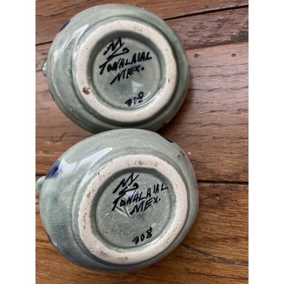 Set of 2 Tonala Mexican Pottery Hand Painted Bird Candle Holders Folk Art Signed - Picture 3 of 6